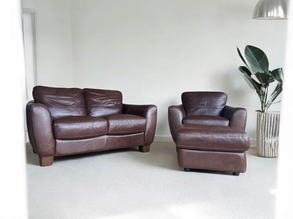 Top Grain Leather Love Seat, Armchair and Ottoman