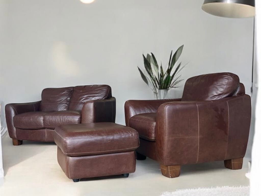 Top Grain Leather Love Seat, Armchair and Ottoman