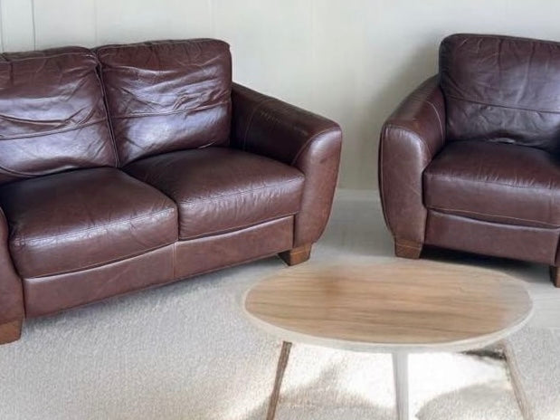 Top Grain Leather Love Seat, Armchair and Ottoman