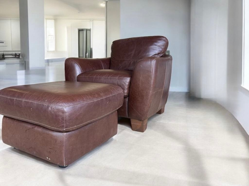 Top Grain Leather Love Seat, Armchair and Ottoman